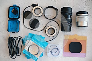 Flat lay composition with equipment for professional photographer