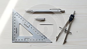 Precision Drafting and Geometry Tools on Wooden Background