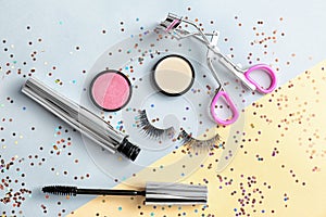 Flat lay composition with false eyelashes