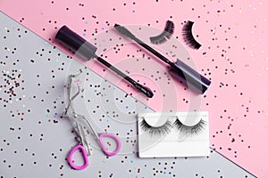 Flat lay composition with false eyelashes
