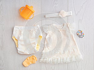 Flat lay composition with fashionable children`s clothes