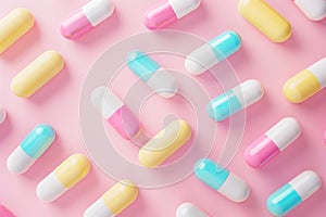 A flat lay composition featuring of colorful pharmaceutical capsules arranged on a pink background