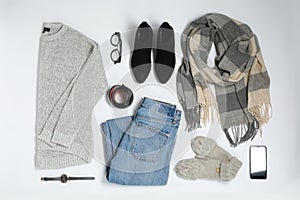 Flat lay composition with female winter clothes