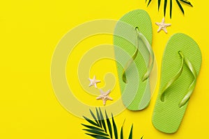 Flat lay composition with flip flops and seashell on colored background. Space for text top view