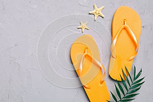 Flat lay composition with flip flops and seashell on colored background. Space for text top view