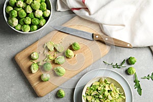 Flat lay composition with fresh Brussels sprouts