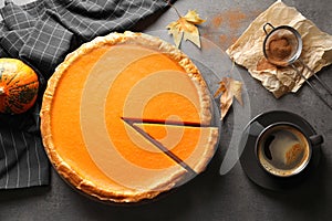 Flat lay composition with fresh delicious homemade pumpkin pie