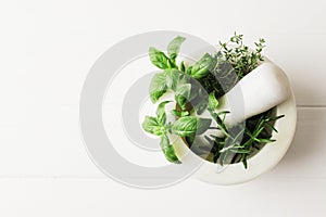 Flat lay composition of fresh herbs on a textured background