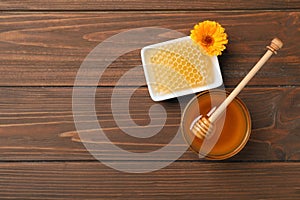Flat lay composition with fresh honey