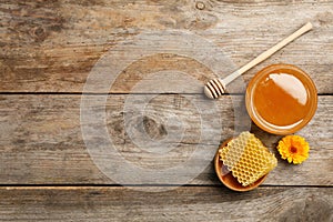 Flat lay composition with fresh honey