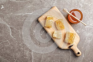 Flat lay composition with fresh honey