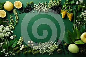 Flat lay composition from fresh medicinal on green background. Creative frame with copy space