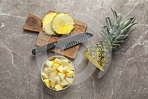 Flat lay composition with fresh sliced pineapple