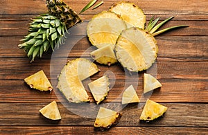 Flat lay composition with fresh sliced pineapple