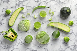 Flat lay composition with fresh vegetables and fruit