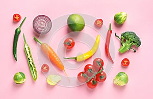 Flat lay composition with fresh vegetables and fruit