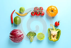 Flat lay composition with fresh vegetables and fruit