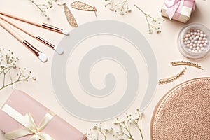 Flat lay composition with gift box on beige background. Happy Mother`s Day