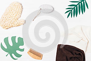 Flat lay composition of items for hygiene and body care