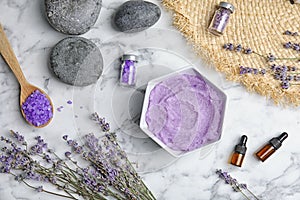 Flat lay composition with lavender flowers and natural cosmetic