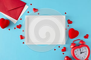 Flat lay composition made of envelope with letter, red hearts and alarm clock