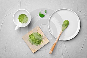 Flat lay composition with matcha tea