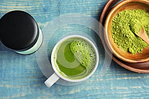 Flat lay composition with matcha tea