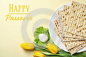 Flat lay composition with matzo and space for text on color background. Passover Pesach