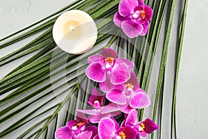 Flat lay composition with orchid  on grey stone surface