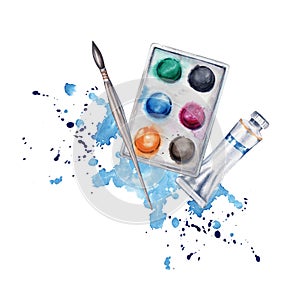 Flat lay composition with paint set, brushes, paint tube and blue watercolor splatter. Watercolor illustration isolated on white