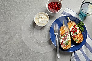 Flat lay composition with plate of fried eggplants