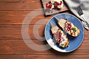 Flat lay composition with plate of fried eggplants