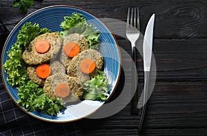 Flat lay composition with plate of traditional Passover Pesach gefilte fish