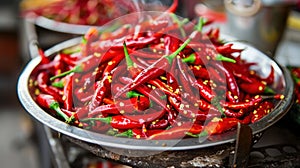 Flat lay composition with powdered and raw chili peppers on dark background. Space for text.