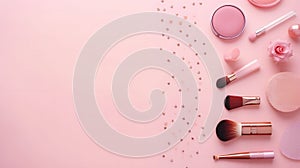 flat lay composition with product for decorative makeup products, cosmetics and flowers