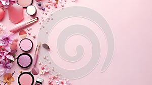 flat lay composition with product for decorative makeup products, cosmetics and flowers