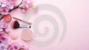 flat lay composition with product for decorative makeup products, cosmetics and flowers