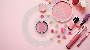 flat lay composition with product for decorative makeup products, cosmetics and flowers