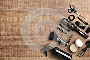 Flat lay composition with professional hairdresser tools