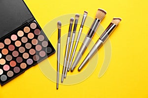 Flat lay composition with professional makeup brushes and eye shadow palette