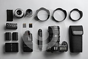 Flat lay composition with professional photographer