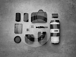 Flat lay composition with professional photographer equipment