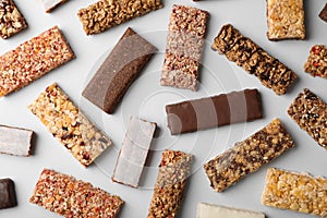 Flat lay composition with protein bars