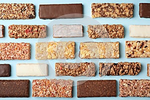 Flat lay composition with protein bars