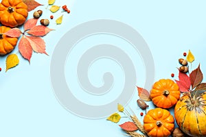 Flat lay composition with pumpkins and autumn leaves on light blue background, space for text. Thanksgiving Day