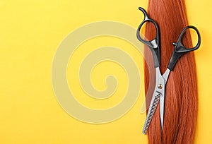 Flat lay composition with red hair, thinning scissors on color background. Hairdresser service