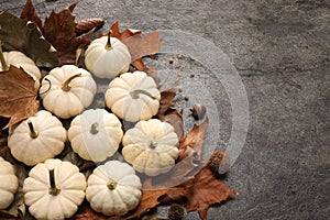 Flat lay composition with ripe pumpkins on grey textured table. Space for text