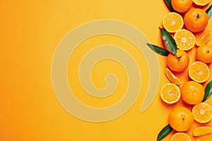 Flat lay composition with ripe tangerines and space for text on orange background. Citrus fruit
