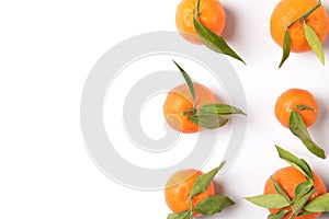 Flat lay composition with ripe tangerines on white background.