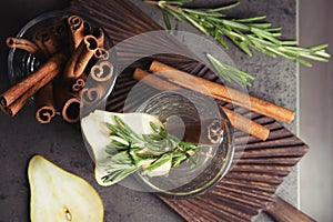 Flat lay composition rosemary and cinnamon cocktail